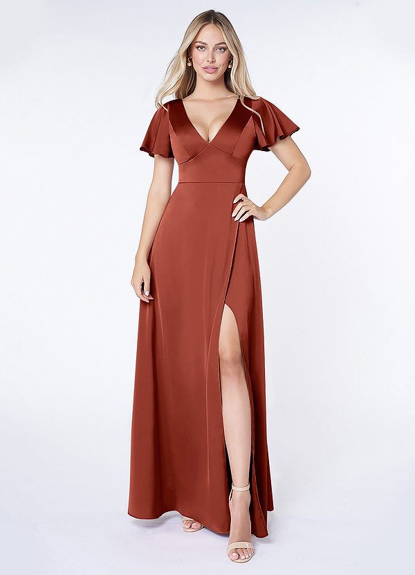 Azazie Lani Bridesmaid Dresses Terracotta A-Line Flounce Sleeve Stretch Satin Dress image1