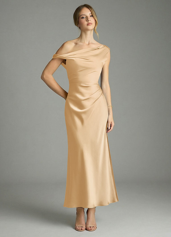 Azazie Emerson 신부 들러리 드레스 인어 오프 더 숄더 스트레치 새틴 발목 길이 드레스 image1