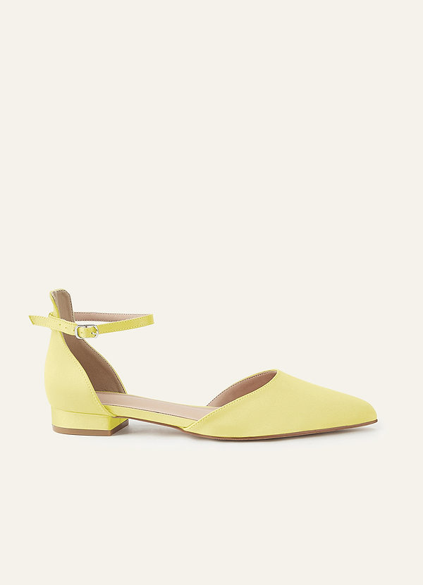 front Matching Color Matte Satin Pointed Toe Ankle Strap Block Flat Pumps