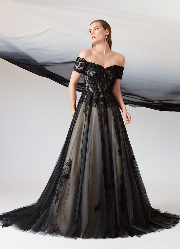 Azazie Rowe Wedding Dresses Black Champagne Ball-Gown Off the Shoulder Tulle Dress image1