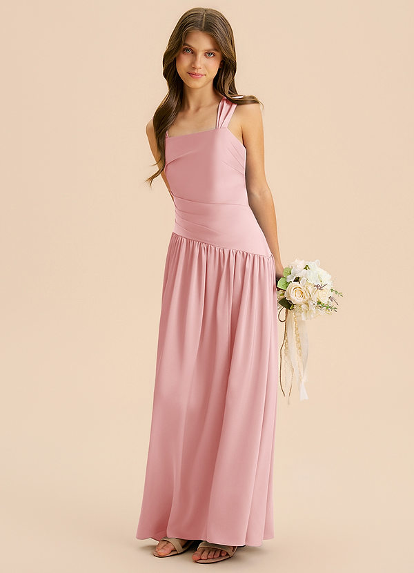 Azazie Dotty Junior Powder Pink A-Line Pleated Stretch Satin Dress image1