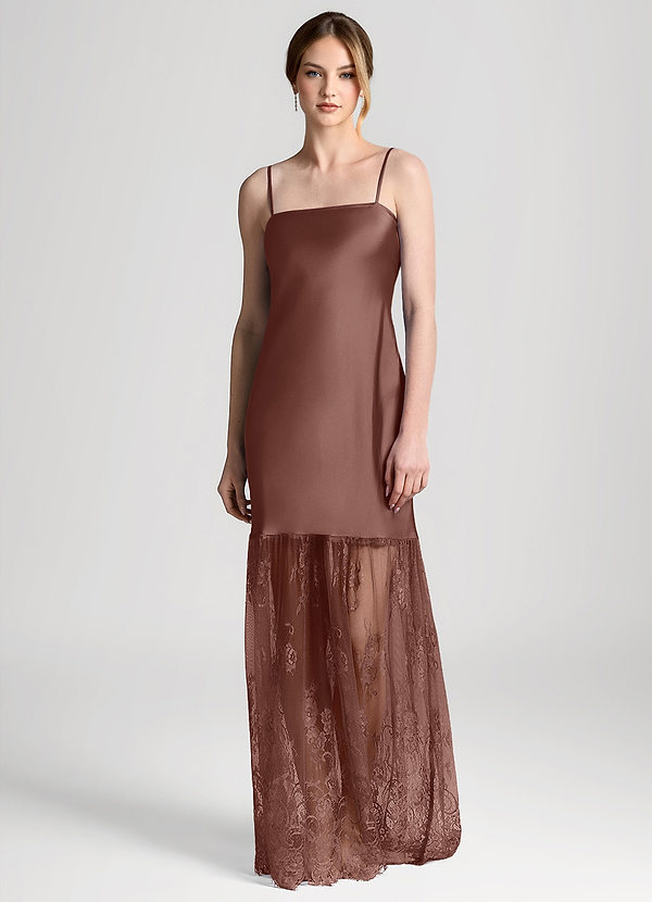 front Espresso Satin Lace Maxi Slip Dress