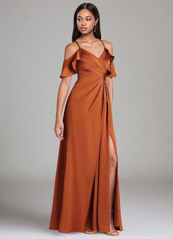 Azazie Dakota Bridesmaid Dresses Cinnamon A-Line Off the Shoulder Stretch Satin Dress image1