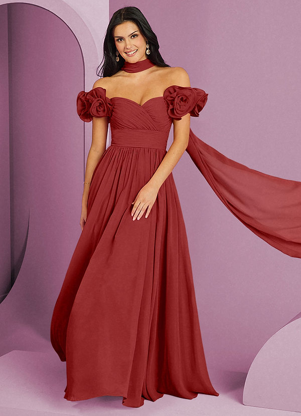 Barbie ♥ Azazie Suknie dla druhen Rozkloszowana sukienka z odkrytymi ramionami, falbaną i rozetkami image1