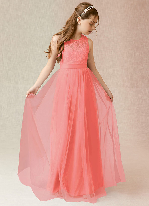 Azazie Georgette Junior Coral A-Line Lace Tulle Dress image1