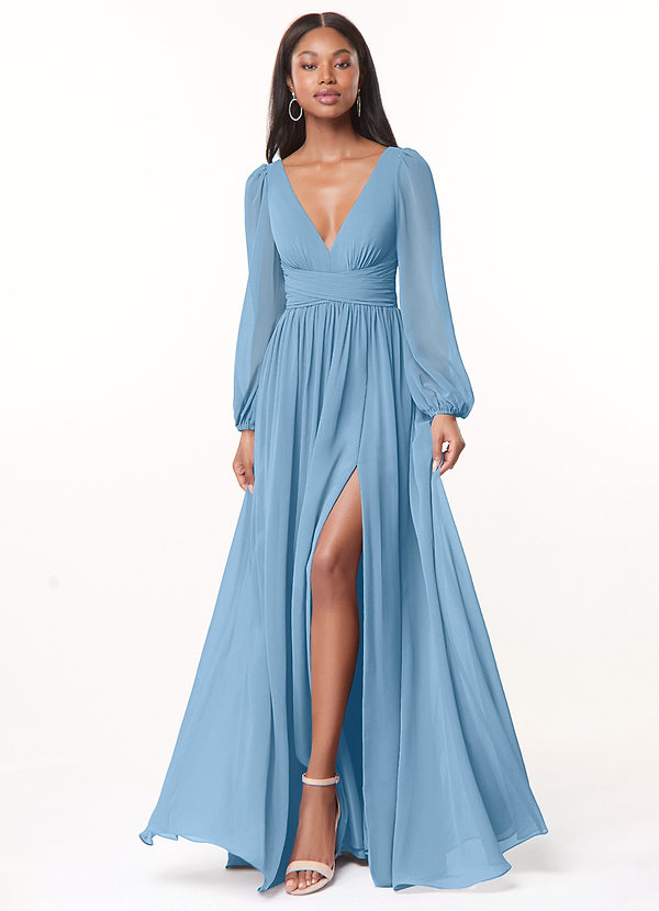 Azazie Norah Robes Demoiselle d'honneur Robe Trapèze en Mousseline de soie Col en V, manches longues Acier Bleuté image1