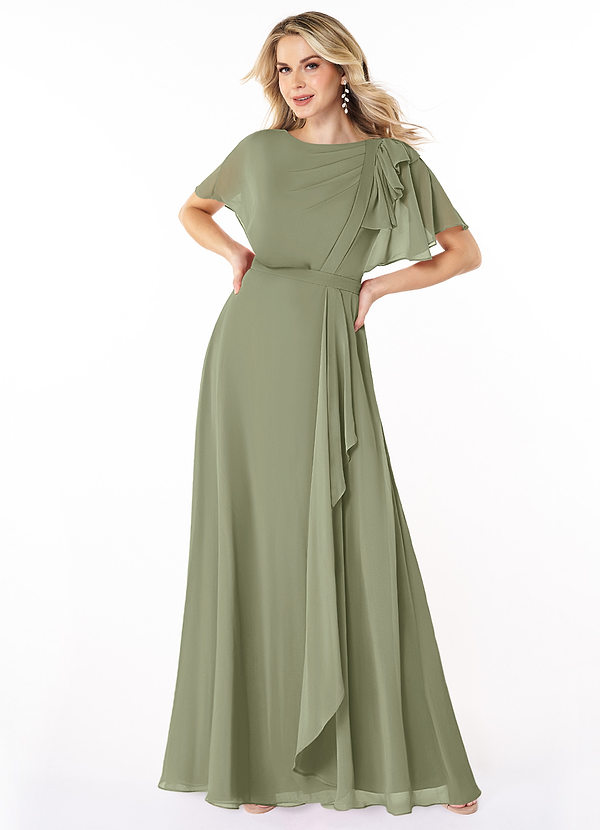Azazie Aaliyah Abiti da damigella modesti Abito A-Line con Scollo a U a Pieghe Chiffon Floor-Length image1