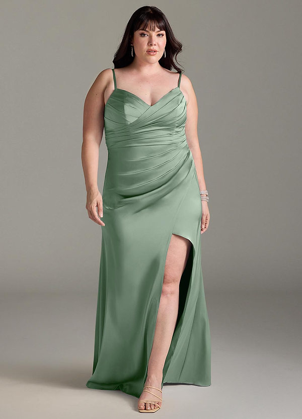 Azazie Yola Bridesmaid Dresses Matcha Sheath V-Neck Pleated Stretch Satin Convertible Dress image1