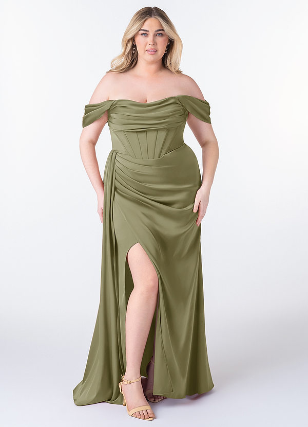 Azazie Amyra Robes Demoiselle d'honneur Robe Fourreau Convertible en Satin extensible Épaule décolletée Pistache image1