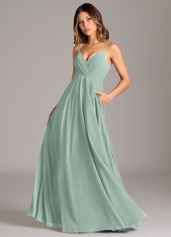 Azazie Amani Brautjungfernkleider A-Linie Plissee Chiffon Kleid Agave image1