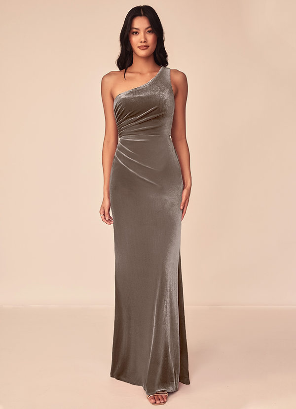 Azazie Argan Bridesmaid Dresses Silver Taupe A-Line One Shoulder Pleated Velvet Dress image1
