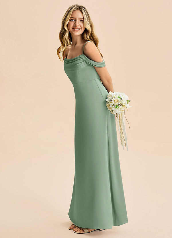 Azazie Lettie Junior Vestido Matchá de Cetim elástico de Linha A com Fora do ombro image1