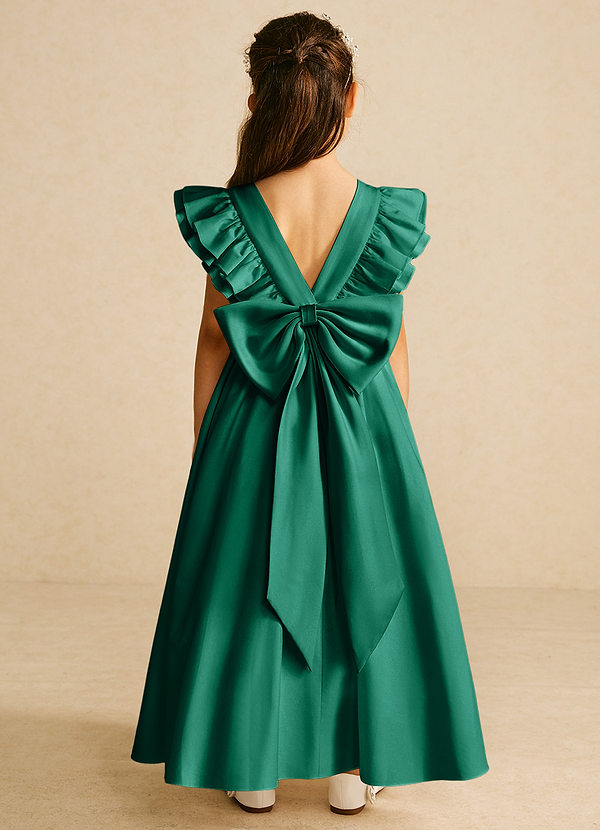 Azazie Piglette Flower Girl Dresses Emerald A-Line Bow Matte Satin Dress image1