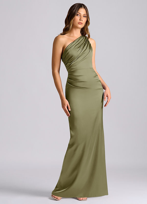 Azazie Akilah Brudtärneklänningar Klä av Sjöjungfru i Stretch Satin Ena axeln Pistasch image1