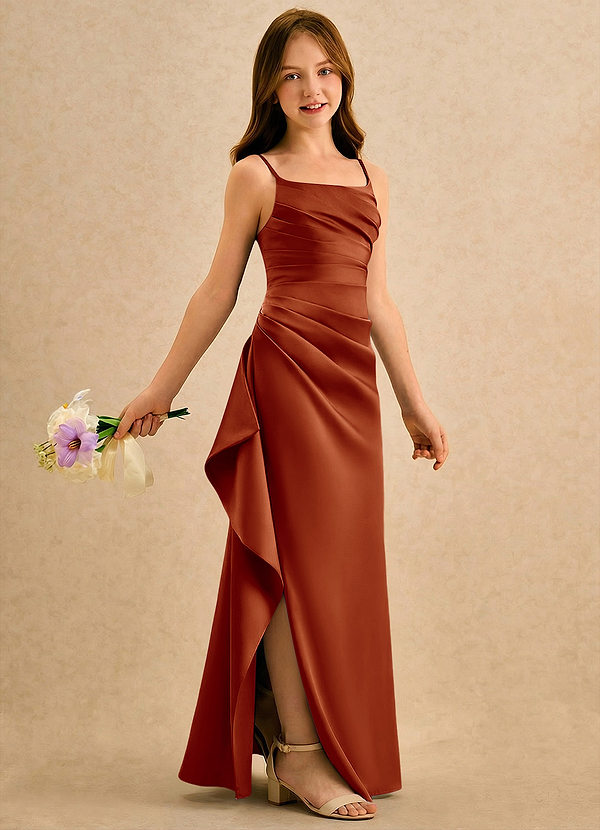 Azazie Cannoli Girls Formal Sukienki dla dziewczynek sypiących kwiaty Linia A Pofałdowany Matowy satynowy Długość podłogi Sukienka image1