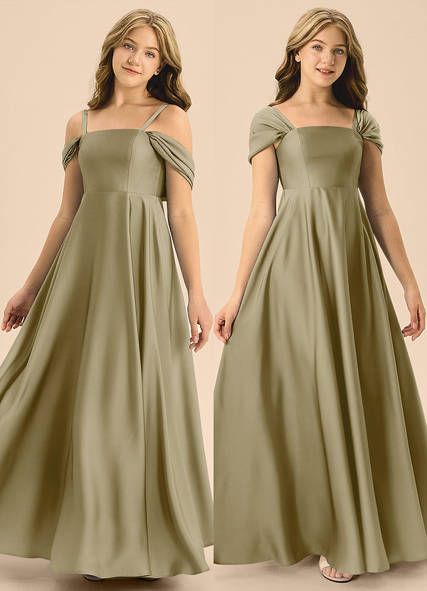 Azazie Rowena Junior Vestido de Musgo Verde de Satén Elástico de Corte en A con Lazo image1