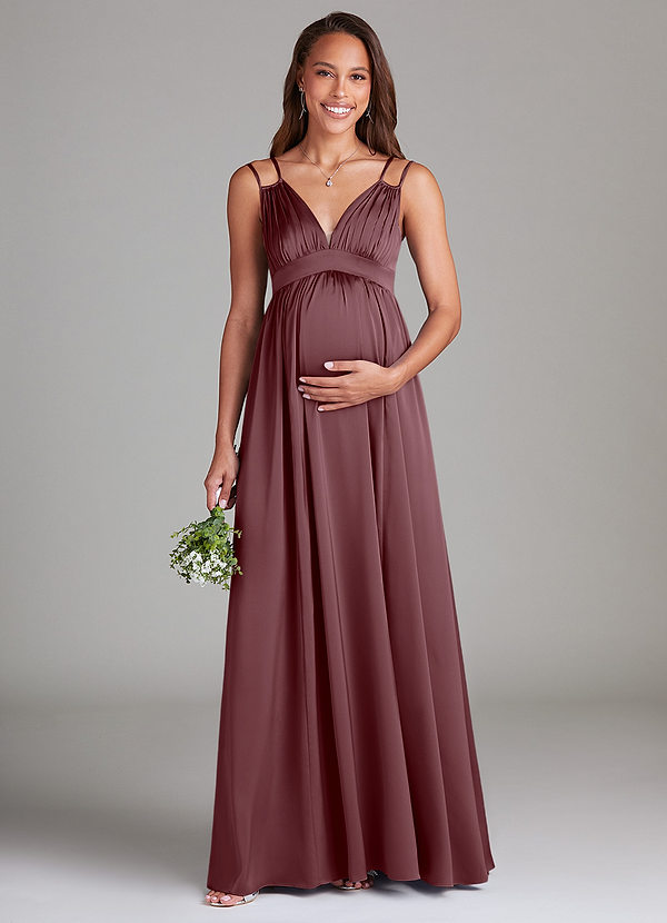 Azazie Emree Vestidos de dama de honor de maternidad Vestido de Corte En A Con bolsillos Hasta el suelo Satén Elástico image1