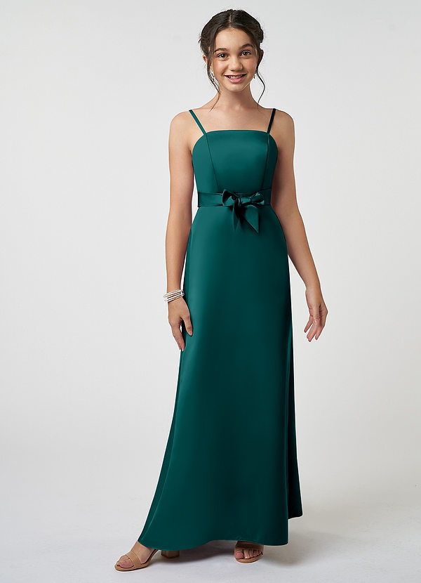 Azazie Anina Junior Robe Trapèze en Satin extensible Arc Paon image1