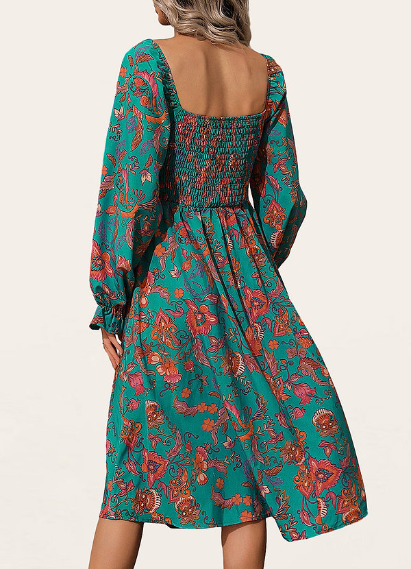 back Graham Bleu Robe mi-longue à imprimé floral et manches bouffantes