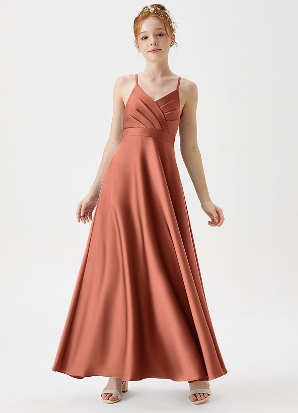 Azazie Avelina Junior Clay A-Line Pleated Stretch Satin Dress image1