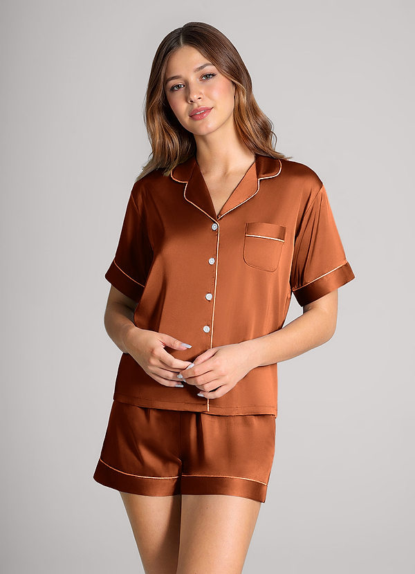 front Matching Color Satin Contrast Piping Pajama Set