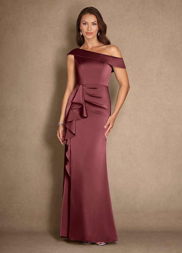 Azazie Hamptons Mother of the Brides Dresses Merlot A-Line Pleated Stretch Satin Dress image1