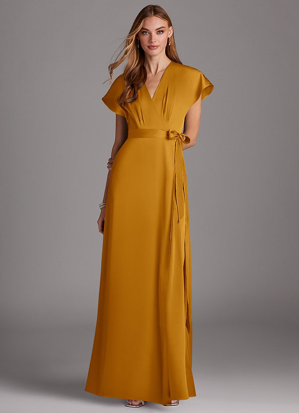 Azazie Nico Bridesmaid Dresses Butterscotch A-Line V-Neck Stretch Satin Dress image1