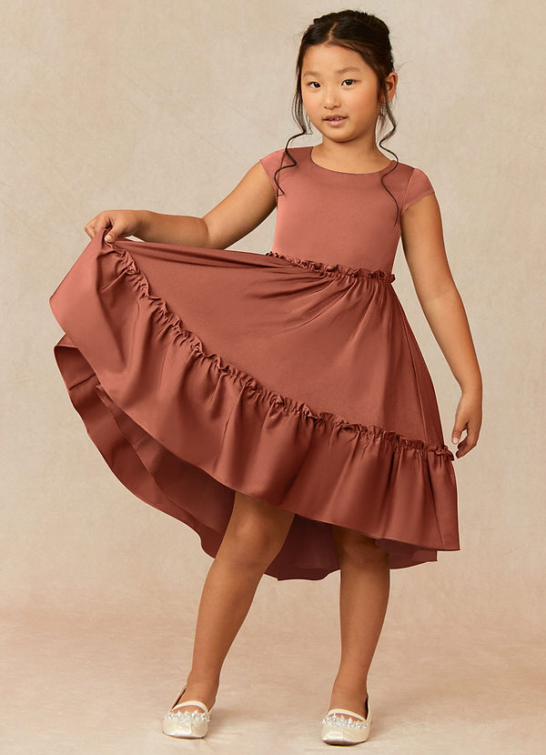 Azazie Lee Flower Girl Dresses Clay A-Line Bow Stretch Satin Dress image1