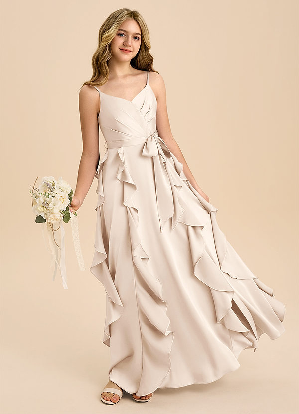 Azazie Peyton Junior White Alabaster A-Line Pleated Stretch Satin Dress image1