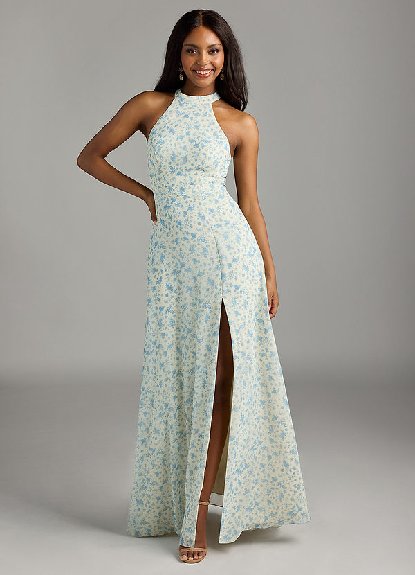 Azazie Clarice Bridesmaid Dresses Blue And White Ditsy Floral A-Line Halter Chiffon Dress image1
