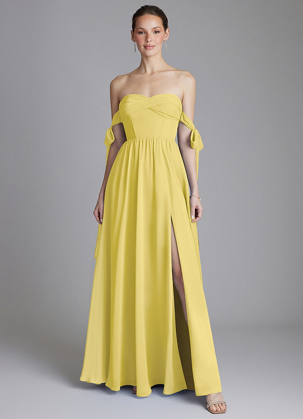 Azazie Ayanna Bridesmaid Dresses Canary A-Line Off the Shoulder Chiffon Dress image1