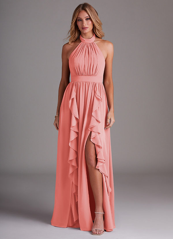 Azazie Avary Bridesmaid Dresses Coral A-Line Pleated Chiffon Dress image1