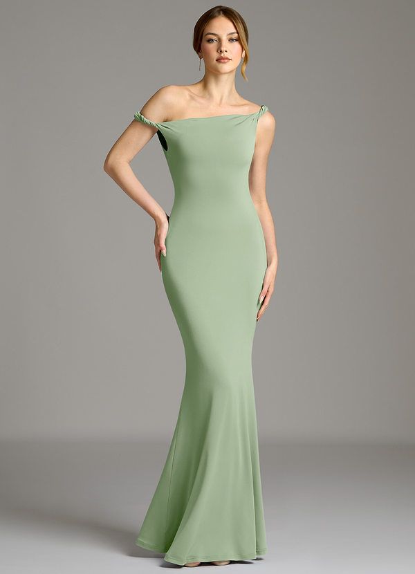 Azazie Shantal Bridesmaid Dresses Dusty Sage Mermaid Off the Shoulder Premium Stretch Jersey Dress image1