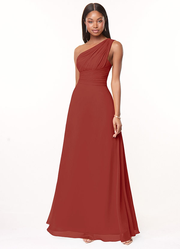 Azazie Ashley Bridesmaid Dresses Terracotta A-Line Ruched Chiffon Dress image1