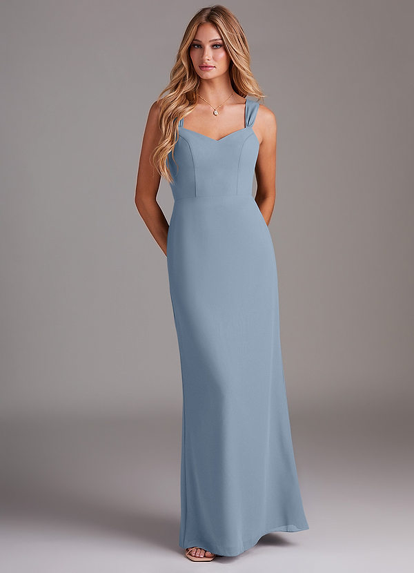 Azazie Denice Bridesmaid Dresses Dusty Blue Sheath Pleated Chiffon Dress image1