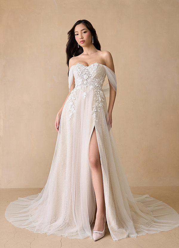 Azazie Seradine Wedding Dresses Diamond White Nude A-Line Off the Shoulder Beading Dress image1
