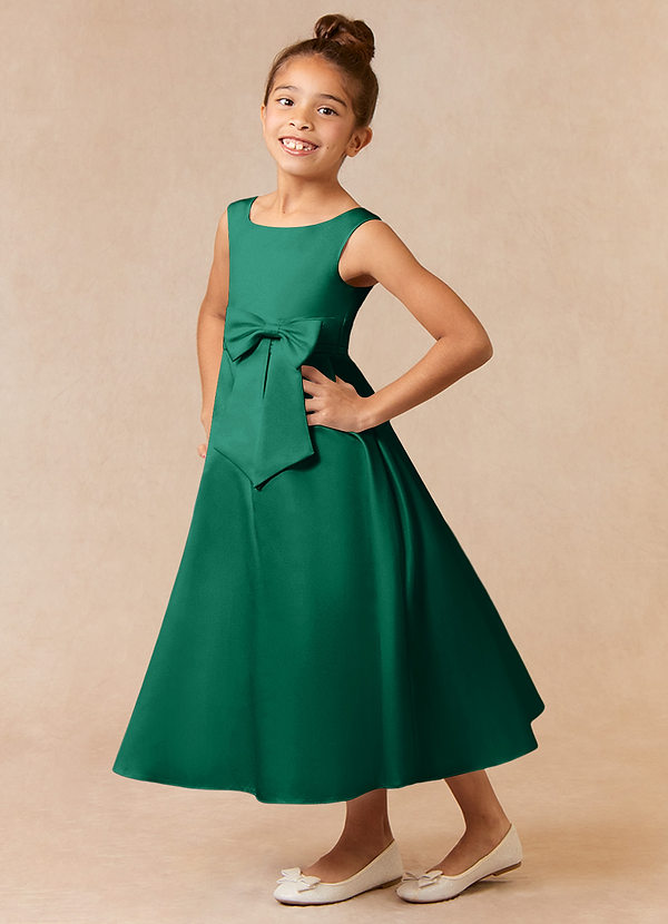 Azazie Lindy Blumenkinder Kleider A-Linie Plissee Matte Satin Kleid Smaragd image1