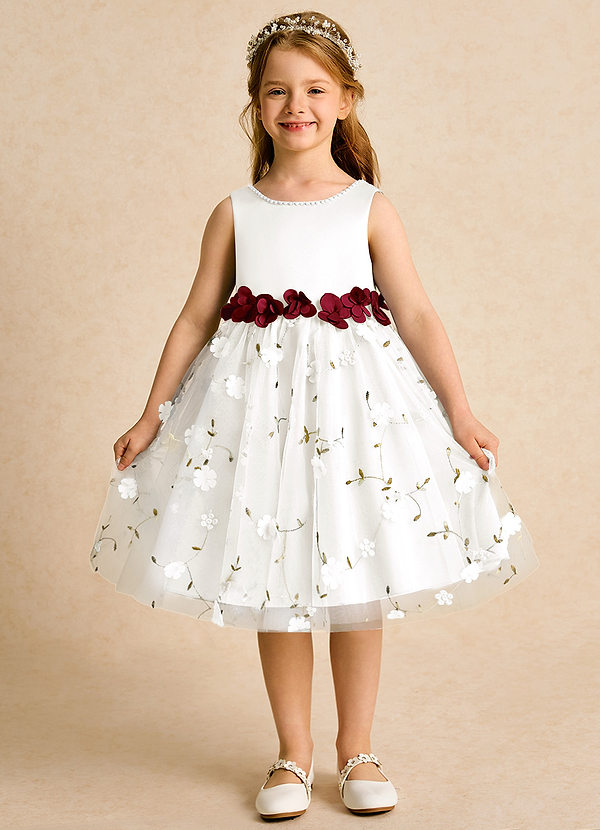 Azazie Starri Flower Girl Dresses Ivory Burgundy Ball-Gown Beaded Matte Satin Dress image1