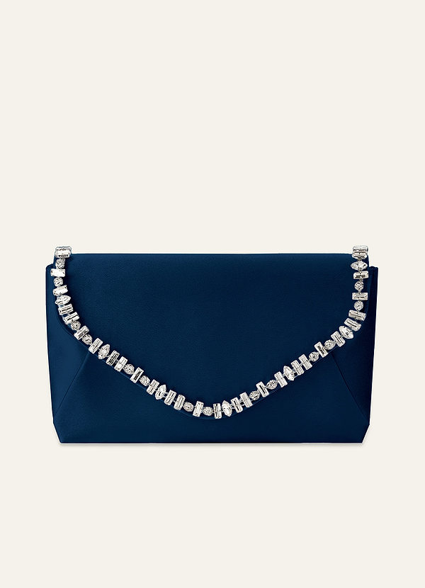 front Matching Color Crystal Trim Satin Evening Clutch Bag with Chain Strap