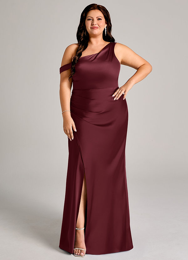 Azazie Madelyn Bruidsmeisjes Jurken Converteerbaar Jurk van Stretch Satijn met Zeemeermin One-Shoulder Cabernet image1