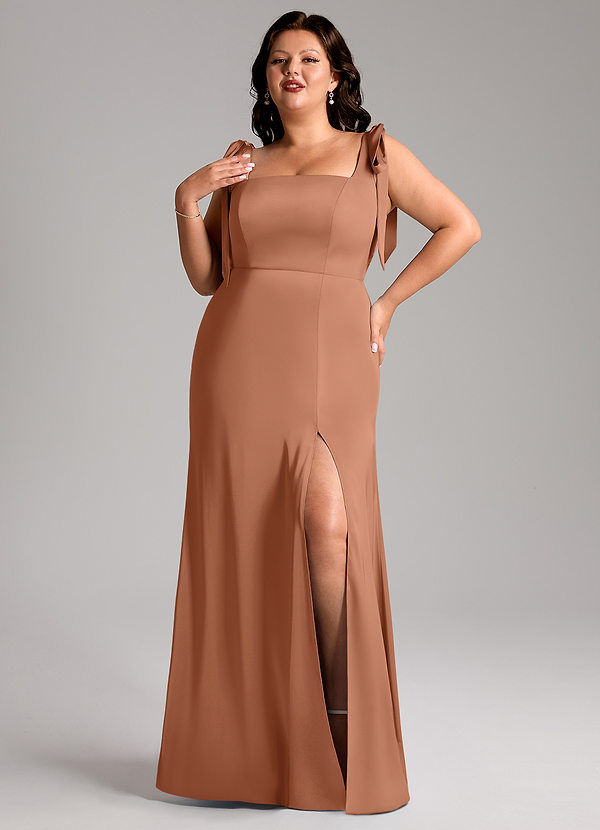 Azazie Frostine Vestidos Dama de Honor Vestido de Bronceador de Satén Elástico de Corte en A con Lazo image1