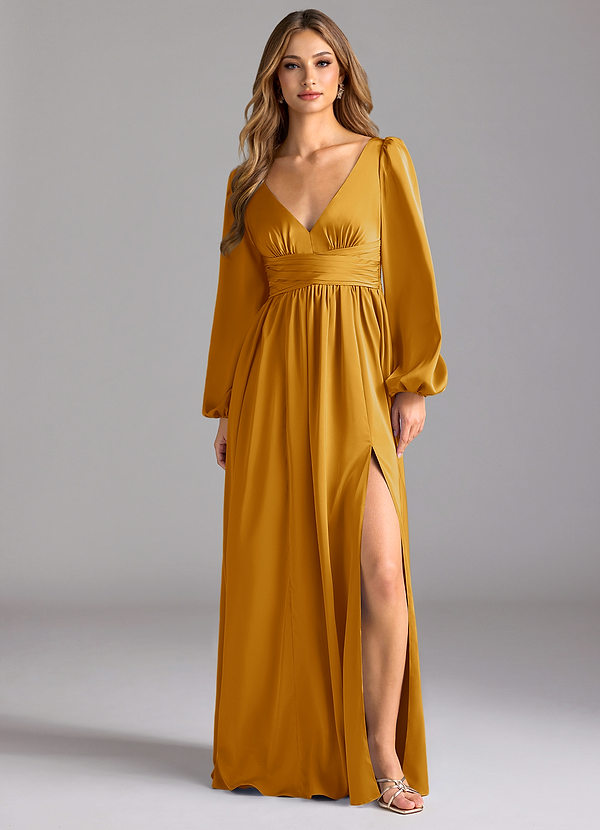 Azazie Norah Abiti da Damigella Abito A-Line in Raso Elasticizzato Caramello image1