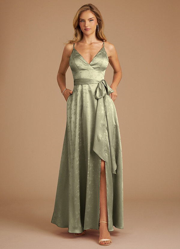 Azazie Sophia Bridesmaid Dresses Olive Floral Jacquard A-Line Pleated Floral Jacquard Dress image1