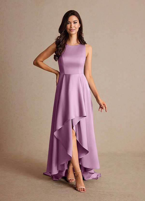 Azazie Niles Vestidos de Madre de la Novia Vestido de Glicinia de Satén Elástico de Corte En A con Trenes image1