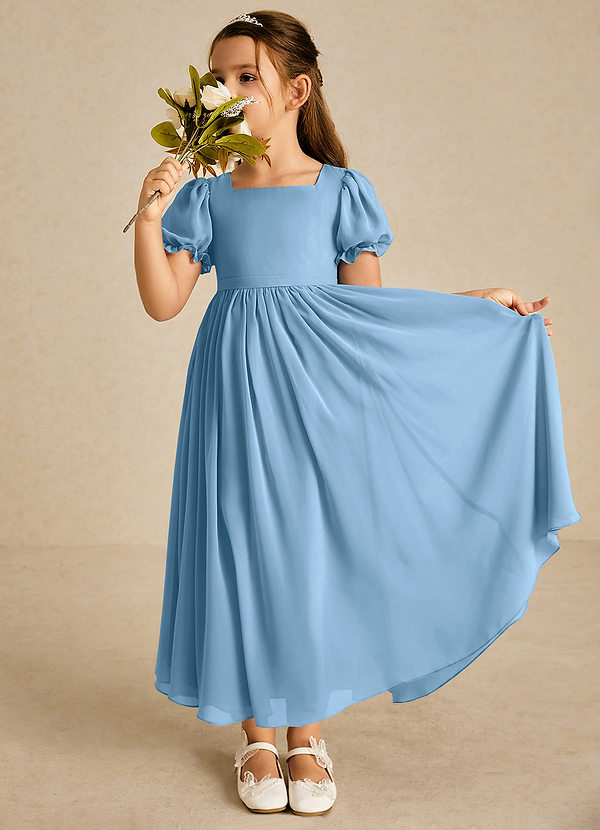 Azazie Joss Bloemenmeisjes Jurken A-Lijn Jurk van Chiffon met Mouwen Staal Blauw image1
