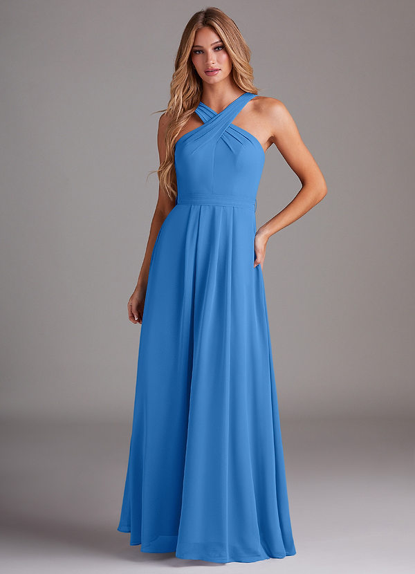 Azazie Dixie Bridesmaid Dresses Blue Jay A-Line Halter Pleated Chiffon Dress image1