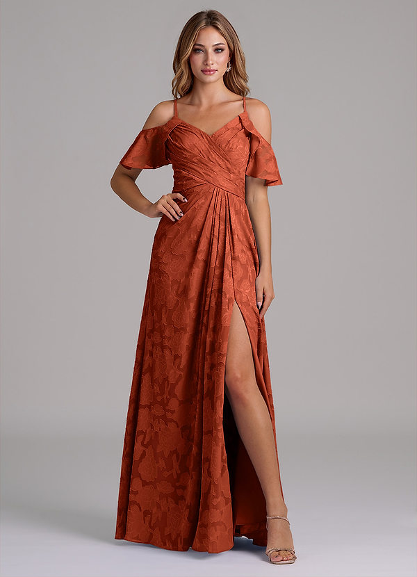 Azazie Dakota Abiti da Damigella Abito A-Line in Burnout Floreale a Spalla Scoperta Auburn image1