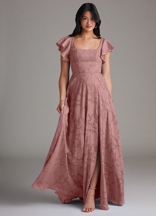 Azazie Bondi Robes Demoiselle d'honneur Robe Trapèze en Blumen-Burnout Fente Latérale Rose Poussiéreuse image1