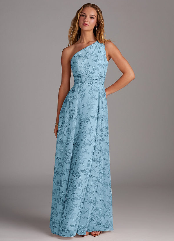 Azazie Dallas Bridesmaid Dresses Blue Fern Floral A-Line One Shoulder Chiffon Dress image1