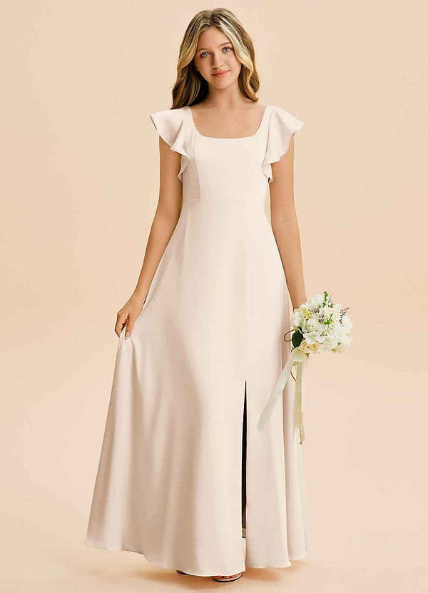 Azazie Bondi Junior White Alabaster A-Line Side Slit Stretch Satin Dress image1